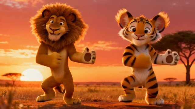 Cute 3D cartoon lion and tiger cubs doing synchronized shimmy dance on savannah