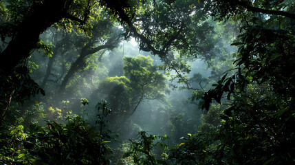 Vibrant tropical rainforest featuring sunbeams through trees and rich green leaves in misty air, Generative AI illustrations.