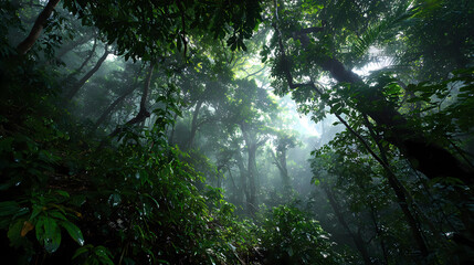 Vibrant tropical rainforest featuring sunbeams through trees and rich green leaves in misty air, Generative AI illustrations.