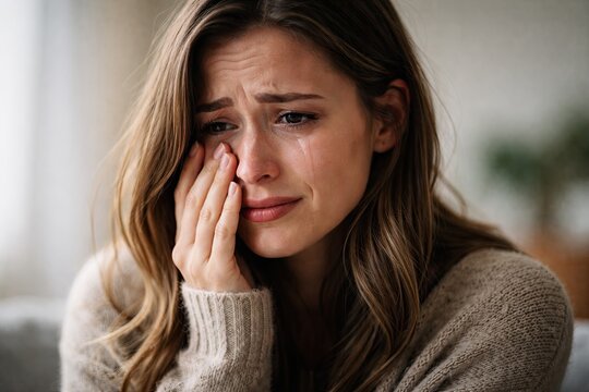 Closeup of young woman crying with hand on face showing emotional distress sadness and pain at home