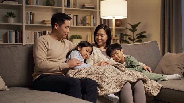 Cozy family evening, parents watch children sleep on the couch under a blanket