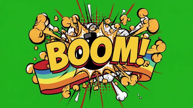 Green Screen boom word retro cartoon comic bubbles popup style expressions colored bomb and smoke strip dotted with red speed radial line seamless loop animation scene 3 distortion, overlay, glitch