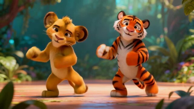 Cute 3D cartoon lion and tiger cubs doing synchronized shimmy dance
