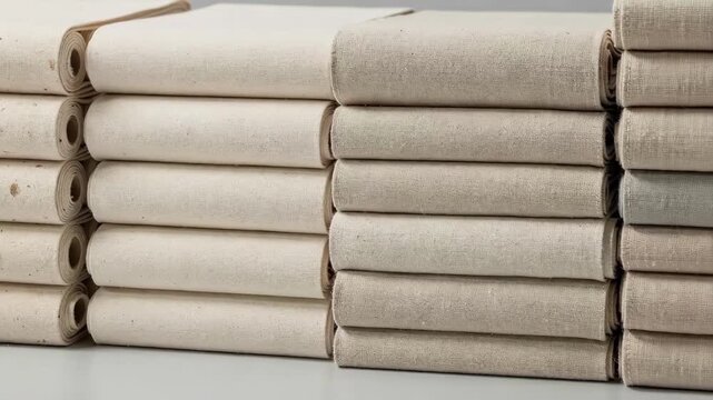 Medium shot of natural cotton greige fabric rolls showcasing soft texture and breathable fibers ideal for ecofriendly apparel and casual wear manufacturing. Medium shot of