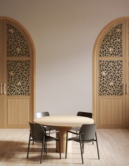 Elegant dining space showcasing a round wooden table with chairs set before two ornate arched doors, merging contemporary minimalism with traditional geometric patterns