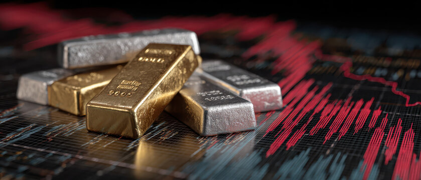 gold and silver bars lie atop a digital stock chart with red fluctuations, representing economic uncertainty and the role of metals as safe-haven assets