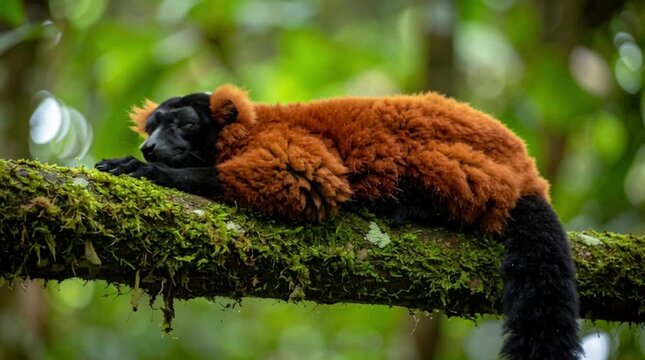 A red ruffed lemur rests on a mossy branch in forest