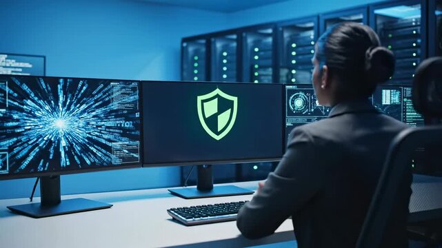 Woman working in a server room with multiple monitors displaying data and code
