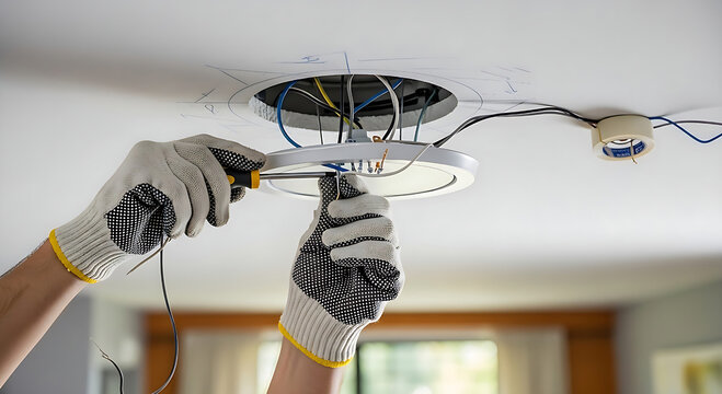 An electrician, wearing gloves, installs an LED ceiling light using a screwdriver.