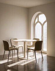 Interior design with a round table and chairs in a brightly lit room with an arched window
