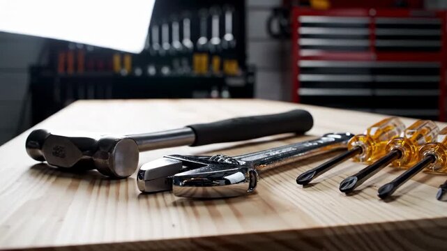 Assortment of hand tools including a ball-peen hammer, adjustable wrench, and screwdrivers on a wooden surface