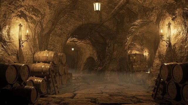 Dimly lit underground cave featuring curved stone walls and scattered barrels creating a mysterious and atmospheric wine cellar ambiance.