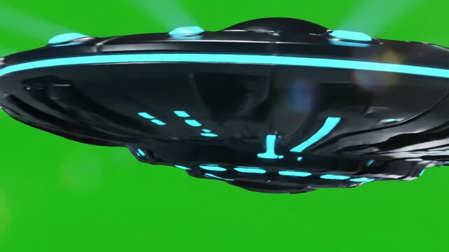 Green Screen 3d rendering metal ufo or alien spaceship isolated on background scene 3 with distortion, overlay, glitch, static noise, scan lines black background, 4k animated video loop