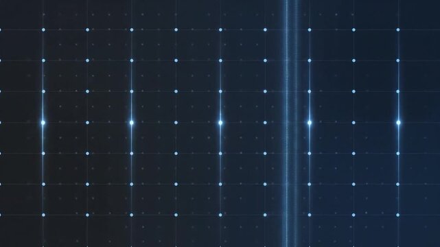 Futuristic Grid Background with Glowing Dots and Vertical Light Streaks.