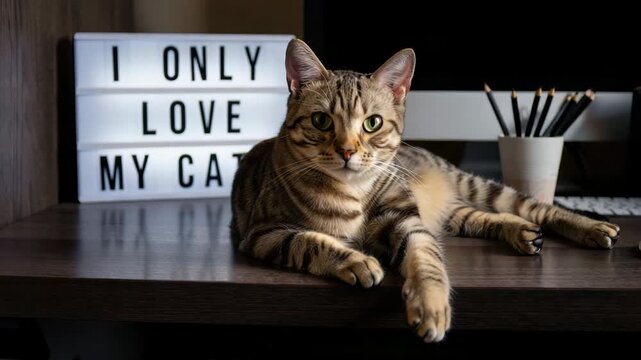 Cat lounging on a desk with lightbox sign, feline relaxation in home office, cozy workspace ambiance, pet-friendly environment, desktop decoration with motivational message