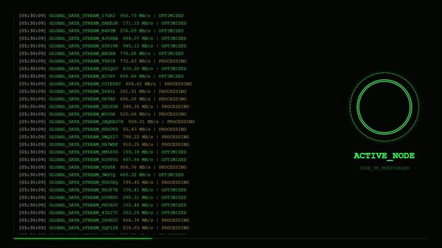 Green glowing binary code background on black digital technology matrix pattern.