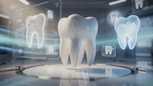 A detailed 3D model tooth takes center stage, highlighted by holographic dental scans. The scene is set on a metallic, high-tech platform, conveying modern dentistry and health innovation. Ideal for v