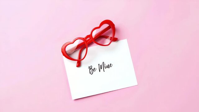 Heart-shaped red glasses and a romantic greeting card on pastel pink background, be mine message, valentine's day love concept, playful eyewear fashion, romantic gesture