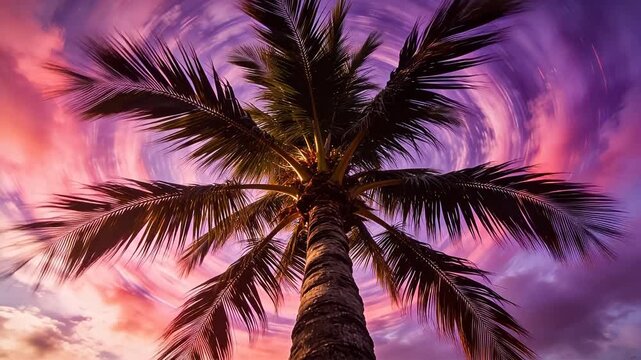 Tall palm tree silhouette against colorful swirling clouds at sunset