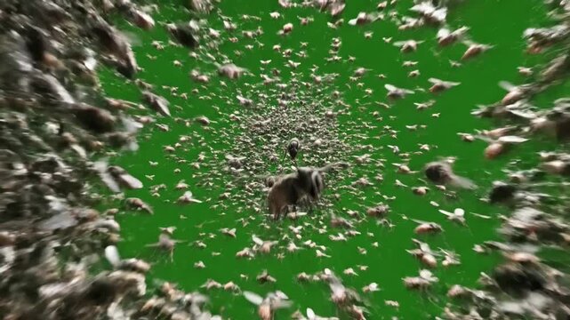 Green Screen 3d animation of swarm flying flies on background a lot mosquitoes bees insects for compositing over your footage seamless loop scene 3 with distortion, overlay, glitch, static noise, scan