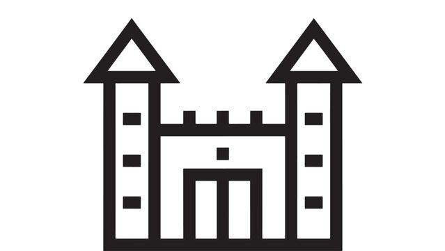 Castle icon with twin towers and central gate, bold black outline pictogram isolated on white background, medieval fortress symbol for UI, apps, maps, and logos