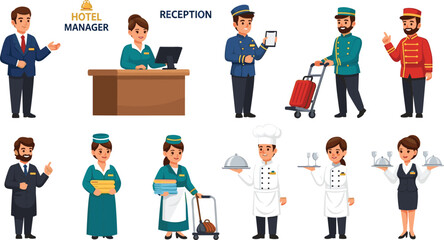 Hotel Staff Character Vector Set with Receptionist, Manager, Bellboy, Chef, Housekeeping, and Service Employees for Hospitality and Tourism Designs