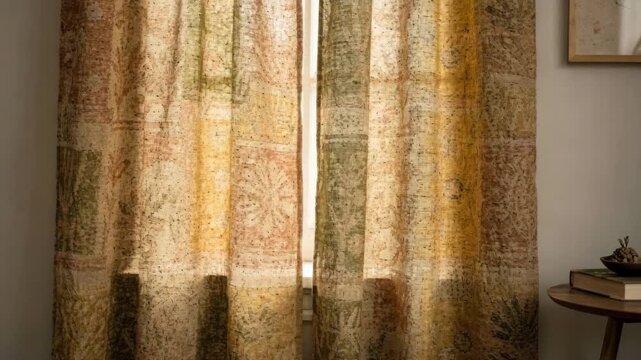 Midrange shot capturing charming blockstyle printed curtain panels with handstamped motifs and rich earthy tones emphasizing artisanal craftsmanship.