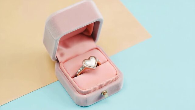 Pastel pink velvet jewelry box housing a heart shaped ring against a soft pastel backdrop, romantic display of a cherished engagement keepsake, delicate sparkle, premium gift idea, timeless