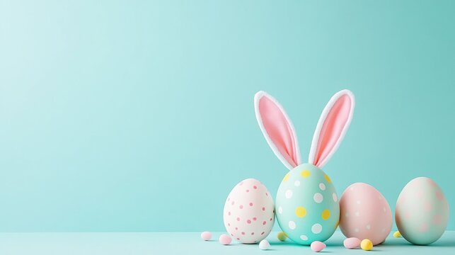 Easter holiday background. Pastel colored eggs with polka dots and bunny ears on a mint green surface, celebration, spring season, festive, decoration, copy space.