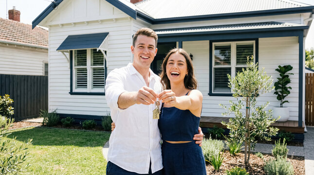 New homeowners holding keys in front of a modern house. Happy young Caucasian couple on the doorstep of their first home. Real estate, home purchase, mortgage, housewarming, family joy. 