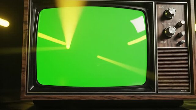 Green Screen vintage 80s tv with iron tone ready to replace any footage or picture you want scene 1 distortion, overlay, glitch, static noise, scan lines on black background, 4k animated video loop