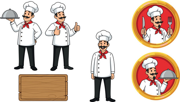 Friendly mustache chef cartoon character set with serving tray thumbs up and restaurant logo badges