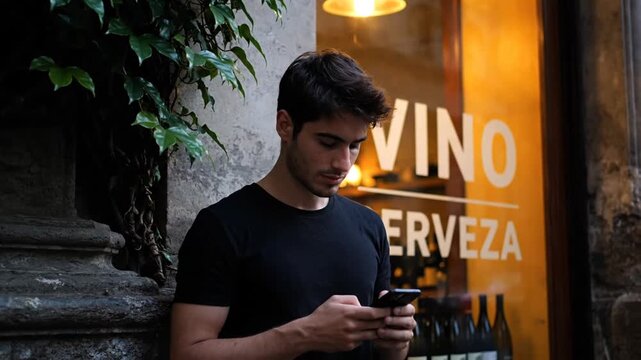 Man with phone in city street.