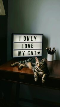 Lightbox message on desk with tabby cat relaxing, cozy home office vibe, feline companionship, pet lover's sanctuary, illuminated sign, creative workspace ambiance, personal statement