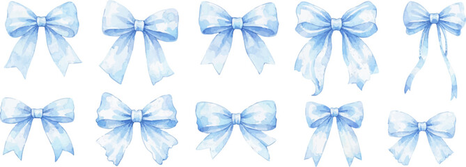 Plakat Watercolor blue bows set with soft pastel ribbons, baby shower designs, invitations and decorative elements on transparent background