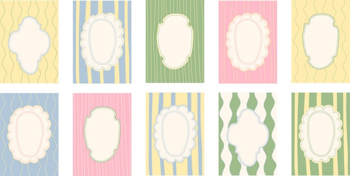 Easter pastel frames set with decorative borders and striped backgrounds, perfect for Easter invitations, greeting cards, spring posters and holiday stationery