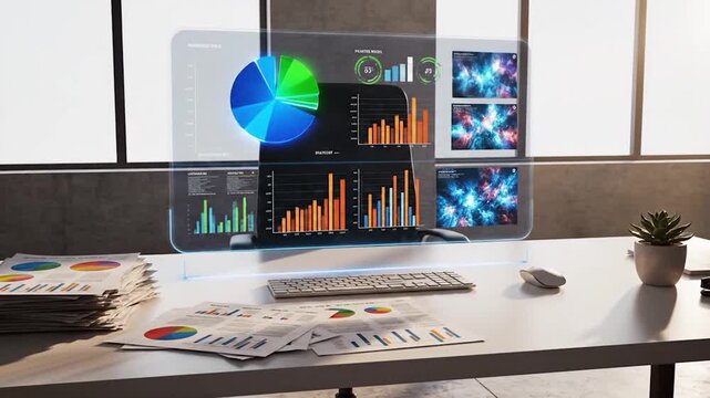 Futuristic Workspace with Holographic Display and Data Visualization.