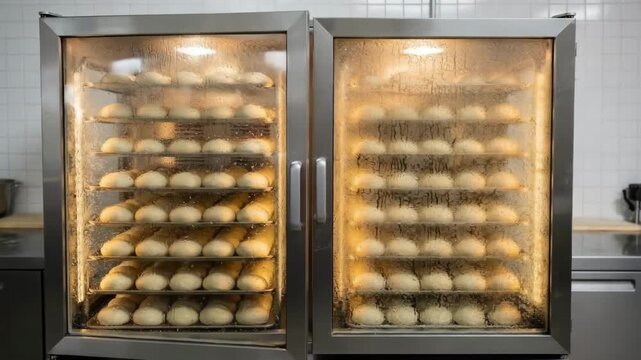 Medium shot of dough trays rising inside glassdoor proofing cabinets highlighting the clear view of fermentation process in a hygienic bakery environment.