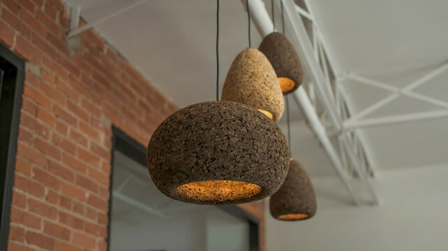 Coconut shell pendant lamps hanging from ceiling in modern industrial interior with brick wall