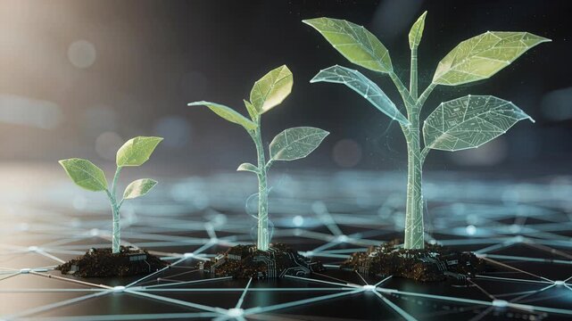 Three saplings grow on digital grid, symbolizing growth, innovation, and sustainability. Perfect for conveying technological advancement, environmental awareness, and future opportunities