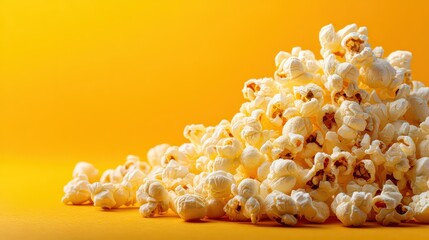 Heap of Golden Popcorn Against Bright Yellow Background in Warm Lighting for Snack Time
