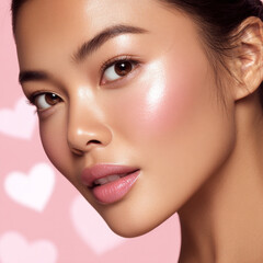 Fototapeta premium Close up beauty portrait of asian woman with tan skin glowing makeup and pink lips on pink background with heart shapes