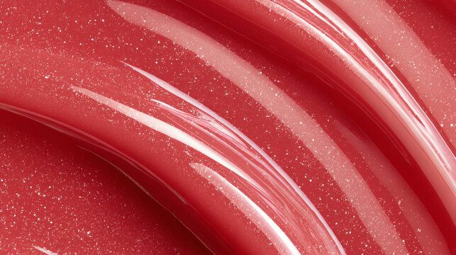 Glossy red lip gloss texture with sparkling glitter spread in smooth curves, creating vibrant and shiny effect