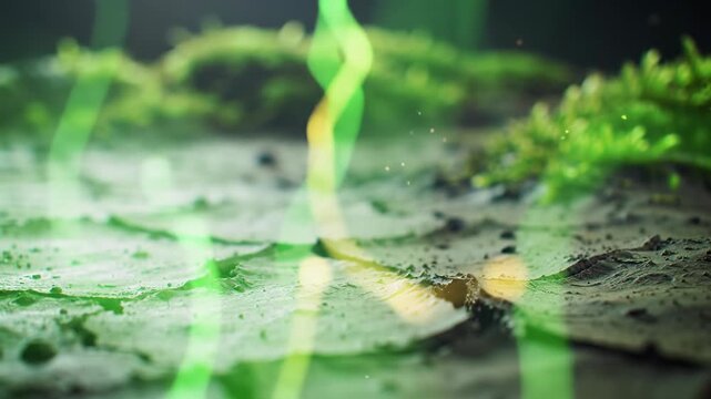 Macro video of intricate, dry, cracked earth textures with subtle dolly push-in, as ethereal green and golden light blooms and expands, overlaying patterns with soft, dramatic lighting and shallow