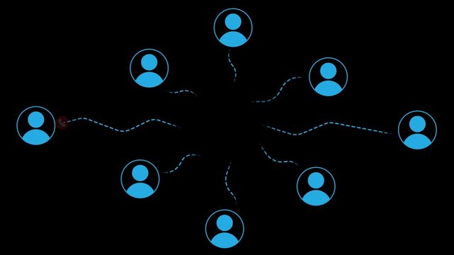 Call routing and communication network concept. User icons connected by incoming and outgoing phone call symbols. Call center workflow. 2D motion graphics in 4K resolution with alpha channel