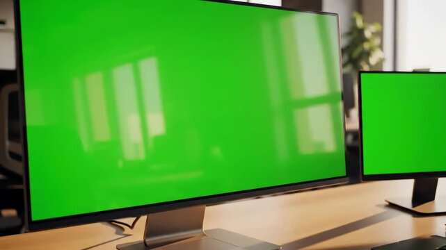 Green Screen computer and mockup desktop in office for user interface website web design company technology digital marketing blank pc advertising ux software dashboard scene 4 with distortion