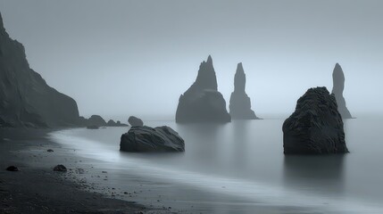 Monochrome Seascape Featuring Basalt Columns at Reynisfjara Black Sand Beach with Foggy Ambiance in Vik Iceland Creates Atmospheric Moody Scenic View