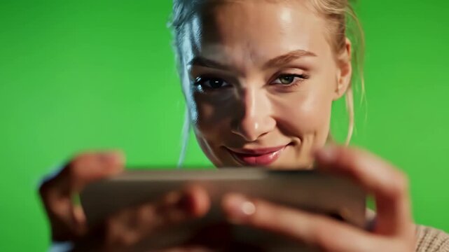 Green Screen chroma key cu caucasian female using generic smart phone horizontal orientation modern apartment interior background 4k uhd raw graded footage scene 4 with distortion, overlay, glitch