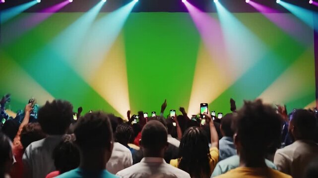 Green Screen back view huge crowd of people with phones in hands at live concert or show shot on red helium 8k prores 4444 scene 1 distortion, overlay, glitch, static noise, scan lines black