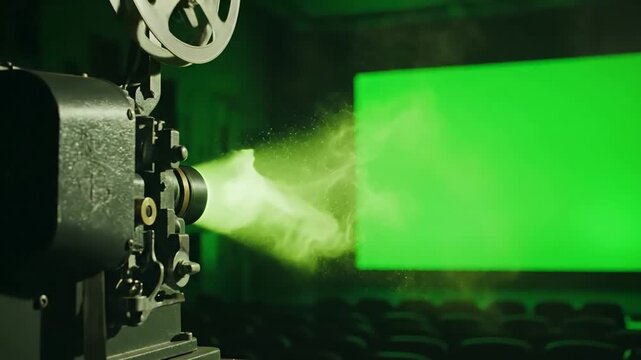 Green Screen cinema projector shows scene 1 with distortion, overlay, glitch, static noise, scan lines on black background, 4k animated video loop